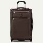 Front view of Travelpro Platinum Elite Carry-On Rollaboard in Rich Espresso, showing dual zippered front pockets, leather trim, side carry handle, and telescoping handle.

