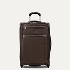 Front view of Travelpro Platinum Elite Carry-On Rollaboard in Rich Espresso, showing dual zippered front pockets, leather trim, side carry handle, and telescoping handle.
