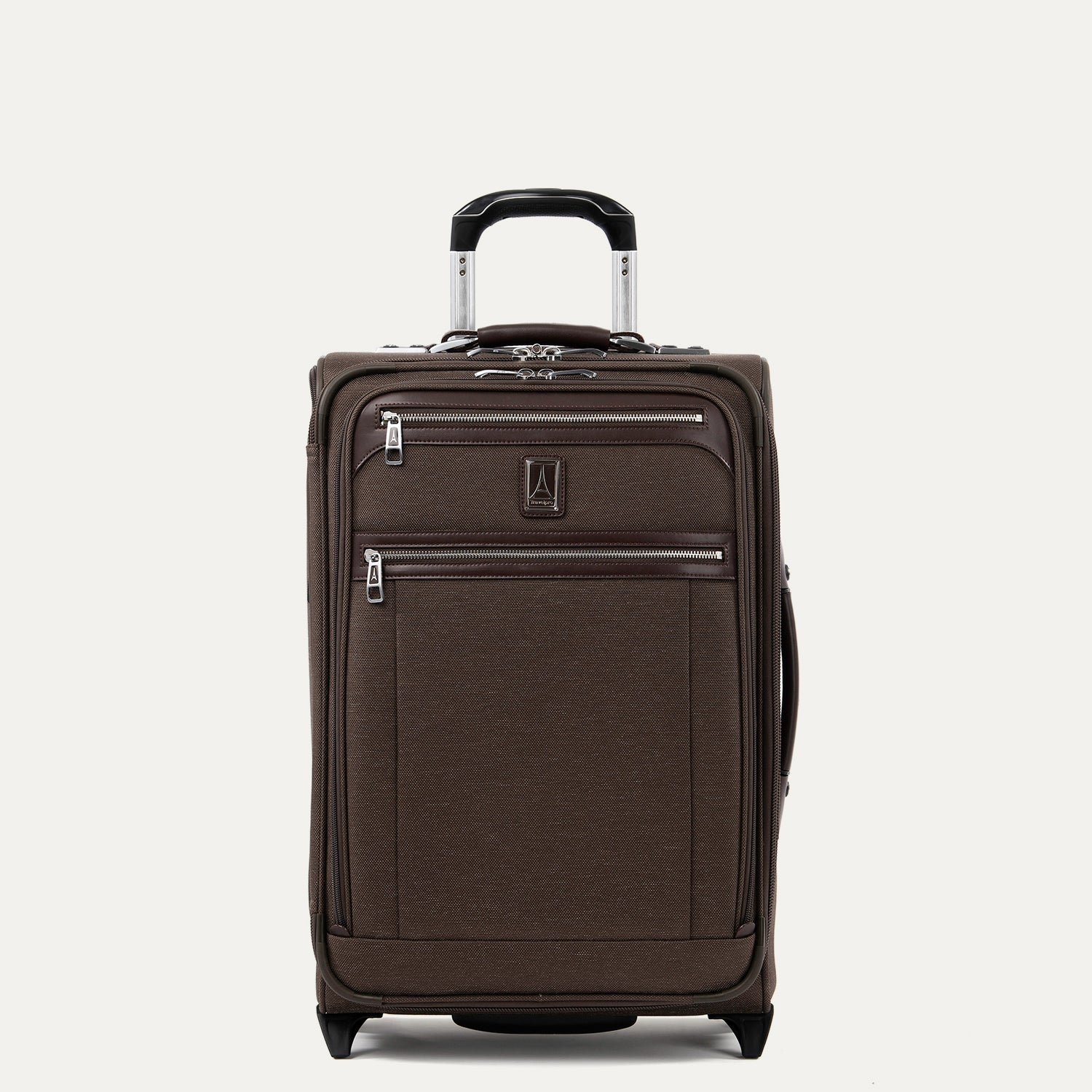 Front view of Travelpro Platinum Elite Carry-On Rollaboard in Rich Espresso, showing dual zippered front pockets, leather trim, side carry handle, and telescoping handle.