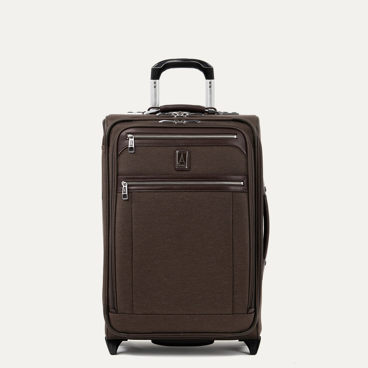 Front view of Travelpro Platinum Elite Carry-On Rollaboard in Rich Espresso, showing dual zippered front pockets, leather trim, side carry handle, and telescoping handle.
