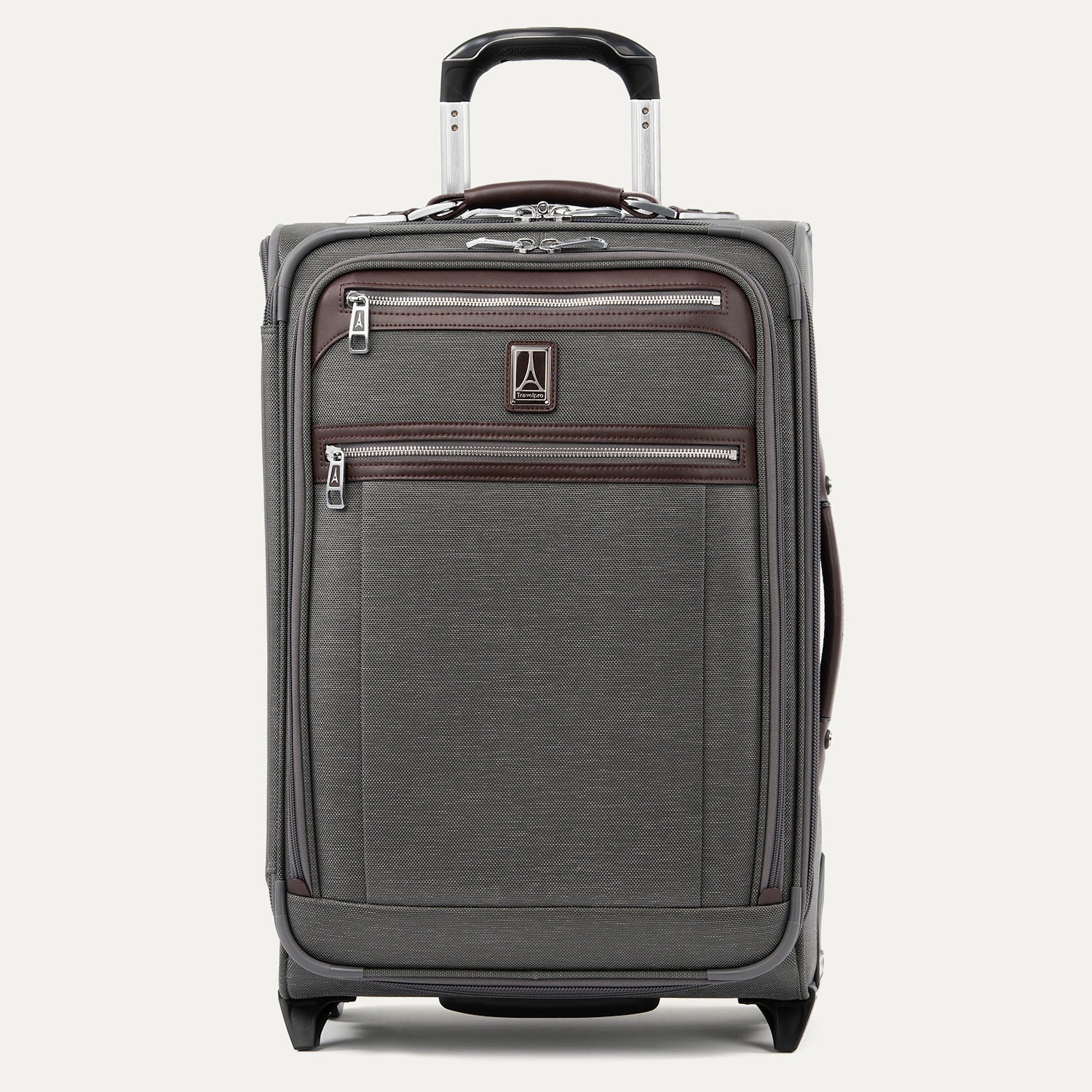 Front view of Travelpro Platinum Elite Carry-On Rollaboard in Vintage Grey, showing dual zippered front pockets, leather trim, side carry handle, and telescoping handle.
