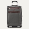 Front view of Travelpro Platinum Elite Carry-On Rollaboard in Vintage Grey, showing dual zippered front pockets, leather trim, side carry handle, and telescoping handle.
