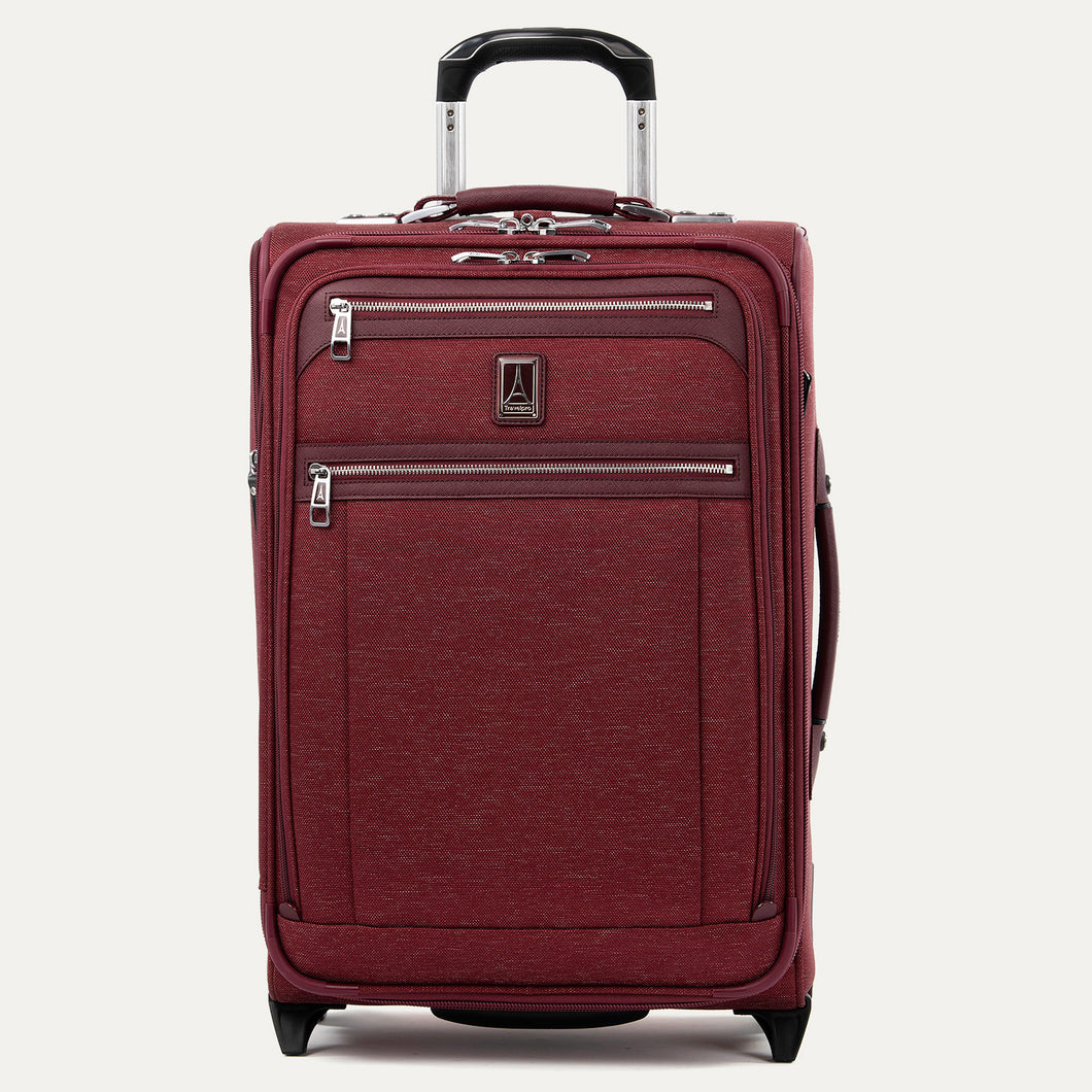 A Bordeaux Platinum Elite Carry-On Rollaboard suitcase with telescopic handle, top and side carry options, and 2 wheels.