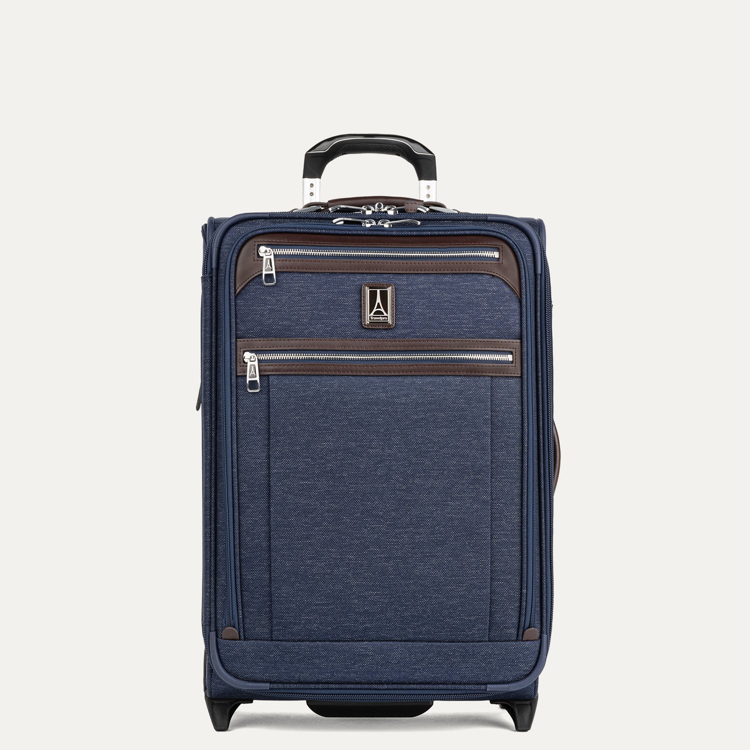 Front view of Travelpro Platinum Elite Carry-On Rollaboard in True Navy, featuring dual front zip pockets, leather accent trim, side carry handle, and telescoping handle.