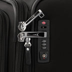 Close-up of a suitcase's zipper and lock mechanism.