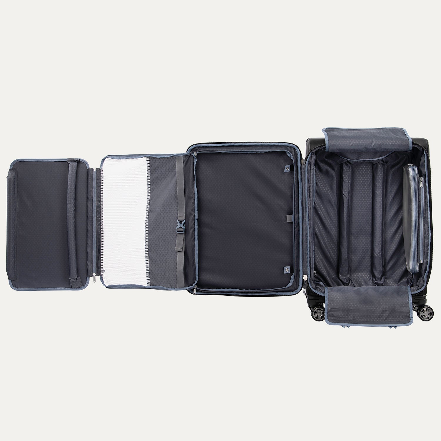 Open suitcase with suiter compartment displayed on white background