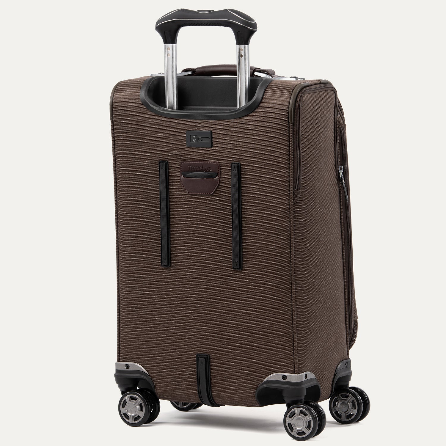 Brown suitcase with black wheels and handle on a white background