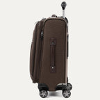 Side view of brown suitcase with black wheels and handle on a white background
