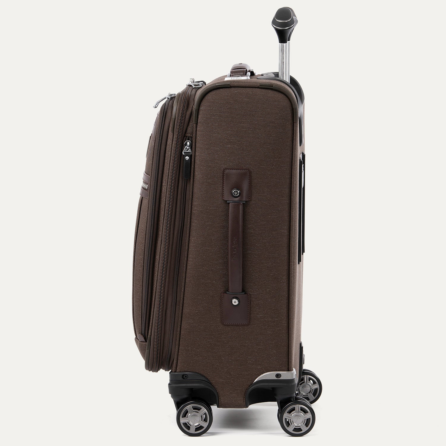 Side view of brown suitcase with black wheels and handle on a white background