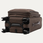 Brown suitcase with black wheels on a white background