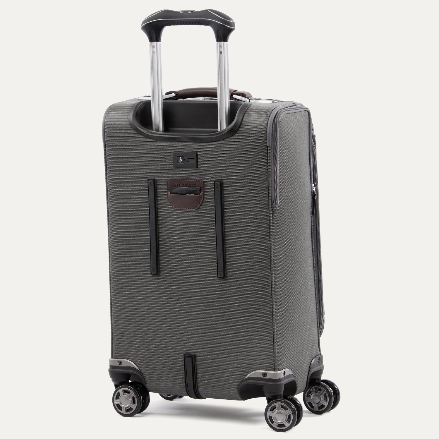 Gray suitcase with wheels and handle  on a white background