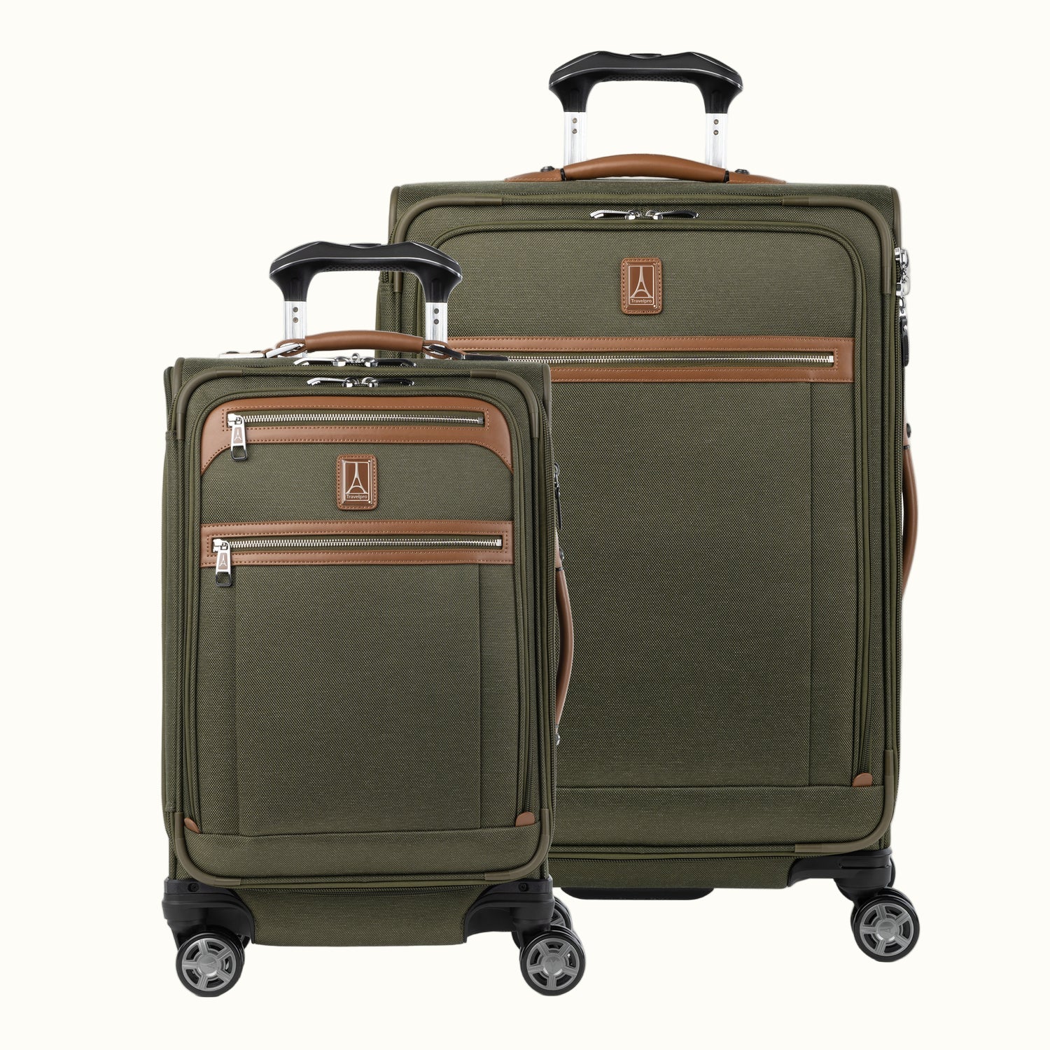 A set of two olive green Platinum Elite spinner suitcases, one carry-on and one medium check-in size, with leather accents and chrome zippers.