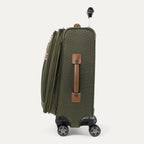 Side view of expanded green suitcase with handles and wheels on a white background