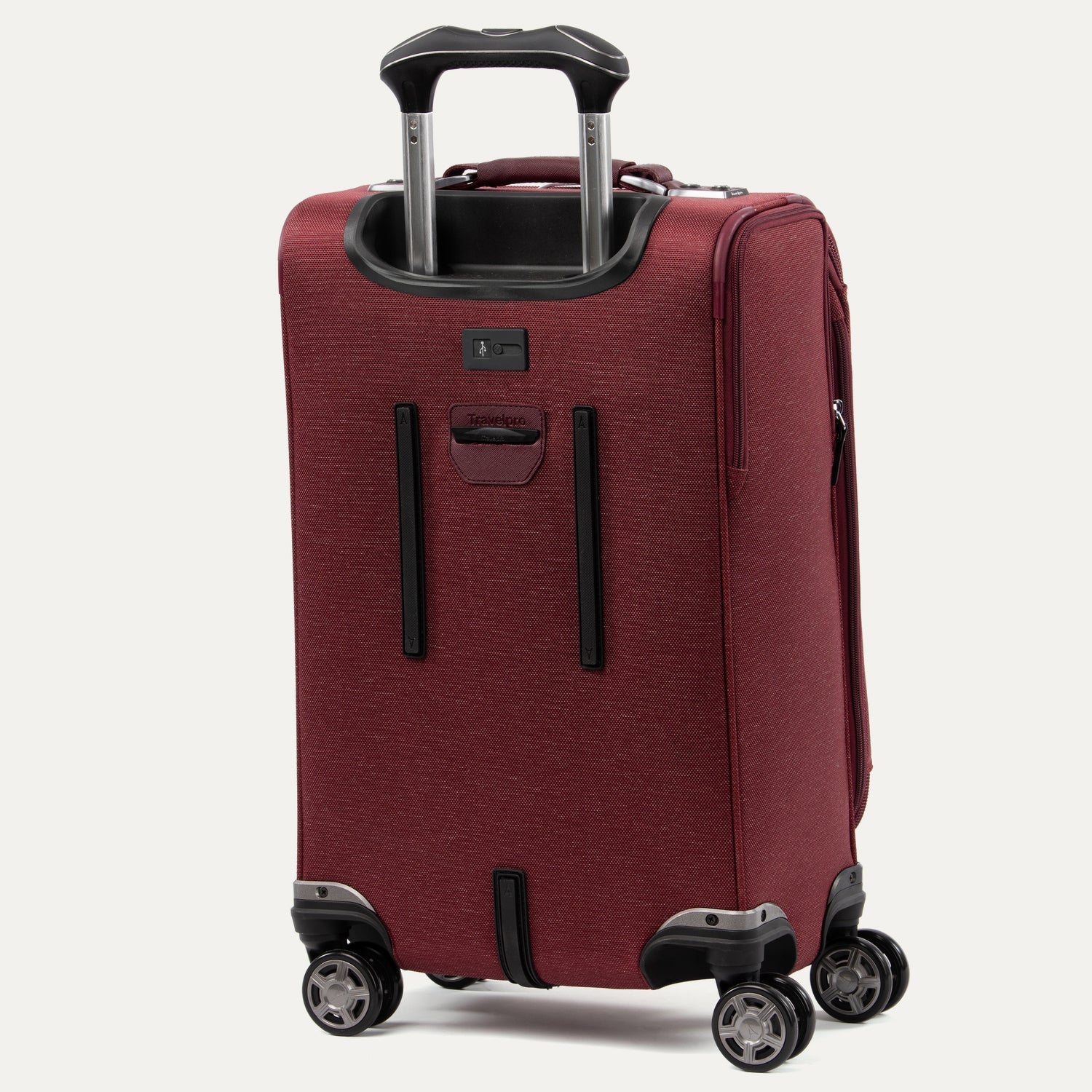 Red suitcase with wheels and handle on a white background