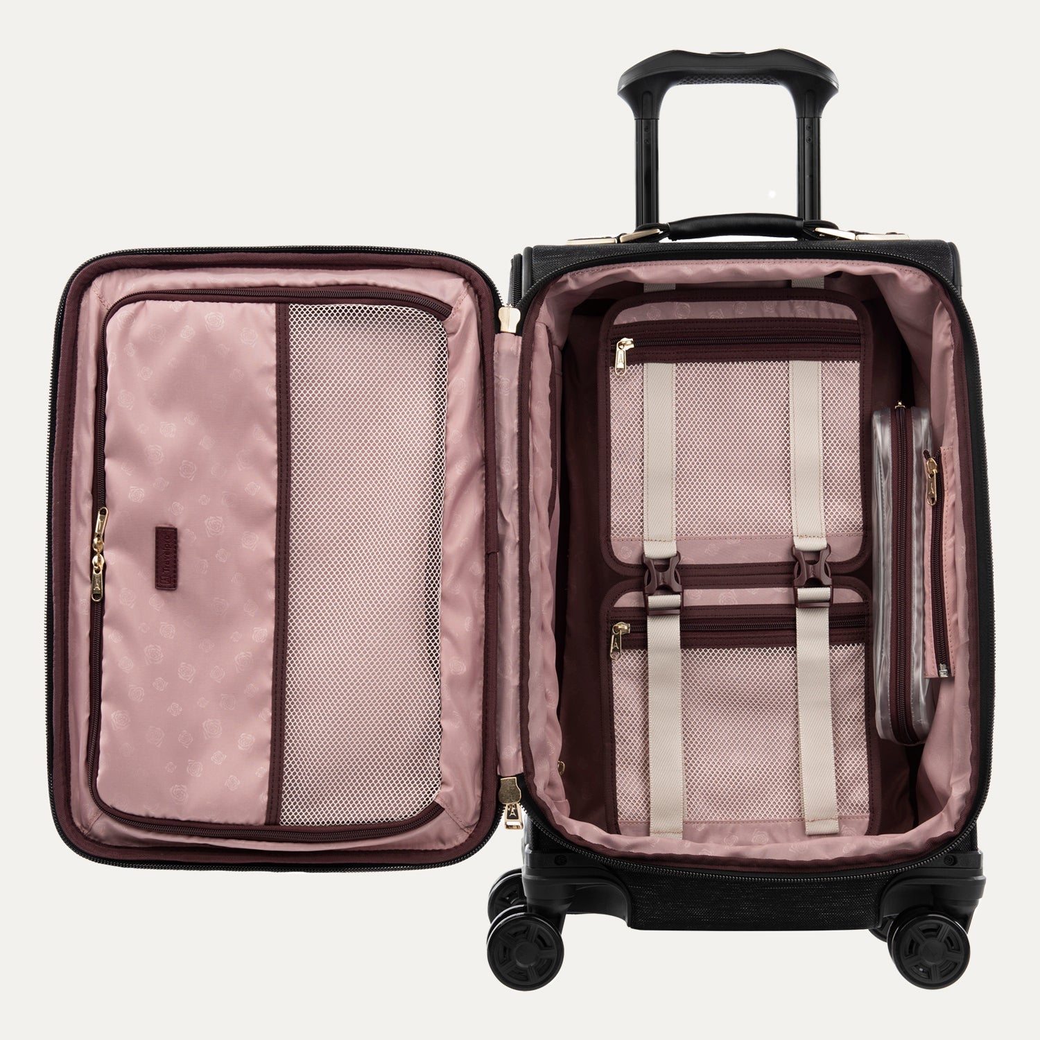 Open suitcase with organized compartments on a white background