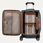 Open blue suitcase with black wheels and handle on a white background 