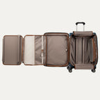 Open suitcase with open compartments on a white background