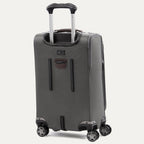 Gray suitcase with black handle and wheels on a white background