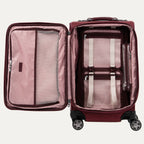 Open red suitcase with organized interior compartments on a white background