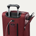 Red suitcase with open powerbank pocket on a white background