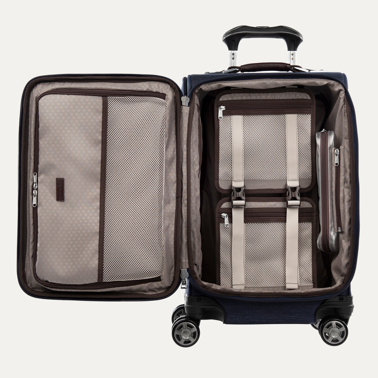 Open suitcase with interior organization panels on a plain background