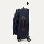 side view  of navy blue suitcase with wheels and handle on a white background