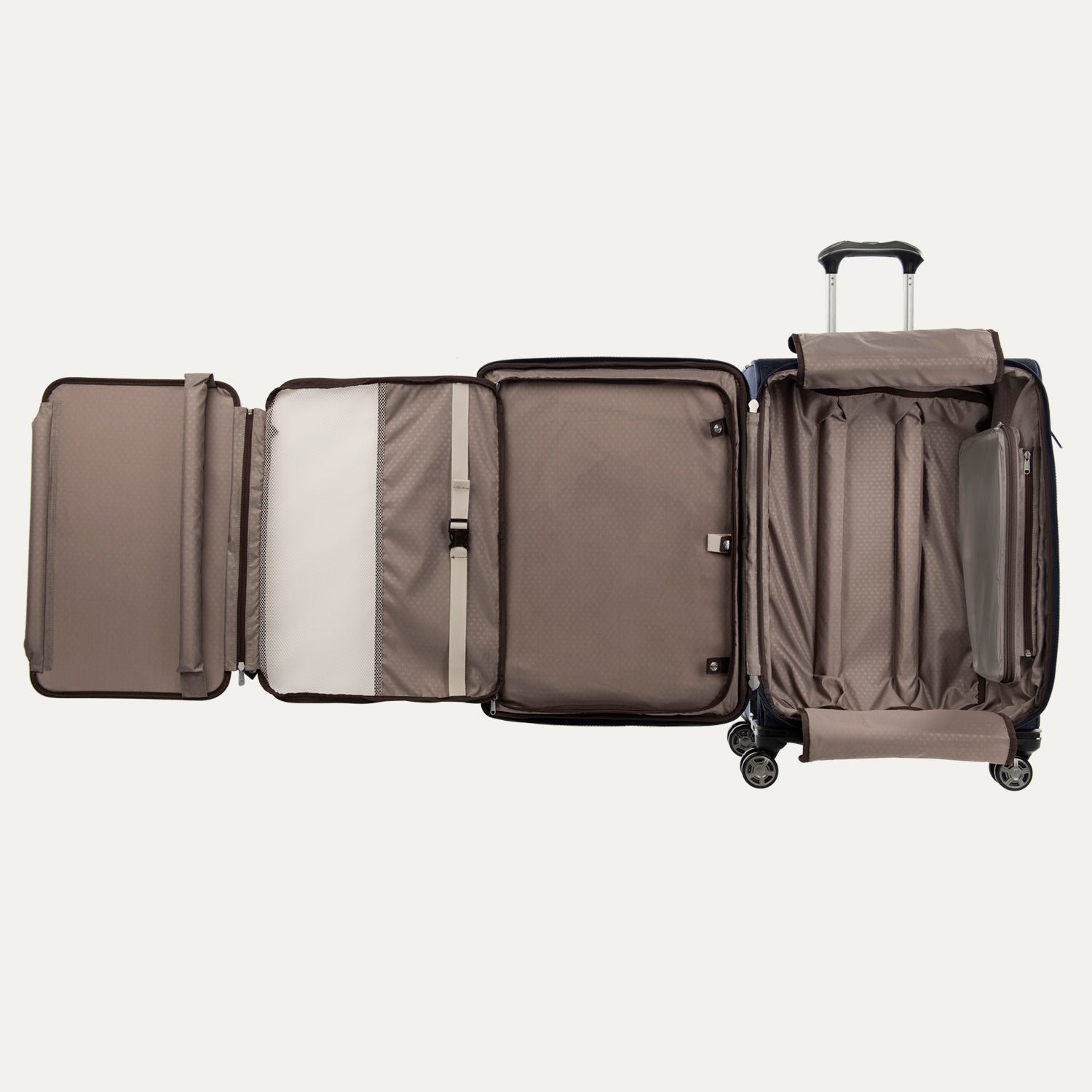 Open suitcase with compartments on a white background