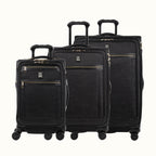 Set of three black suitcases on a white background