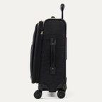 Side view of expanded black suitcase with black handles and wheels on a white background
