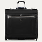 A black Platinum Elite 50-inch check-in rolling garment bag with a front pocket, telescopic handle, and wheels.