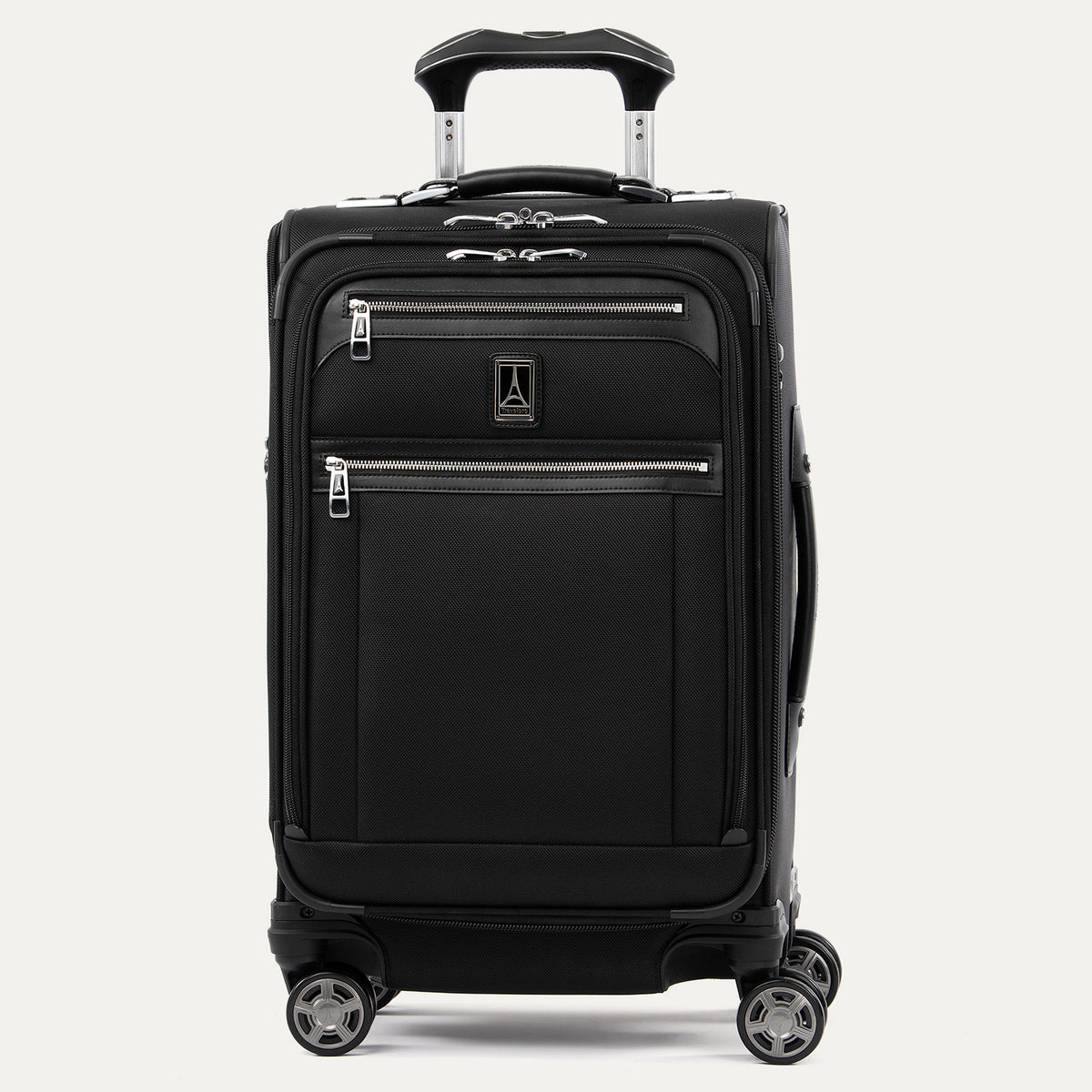 Front view of Travelpro Platinum Elite Carry-On Spinner in Shadow Black, with dual front zippered pockets, textured fabric, spinner wheels, and telescoping handle.
