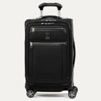 Front view of Travelpro Platinum Elite Carry-On Spinner in Shadow Black, with dual front zippered pockets, textured fabric, spinner wheels, and telescoping handle.
