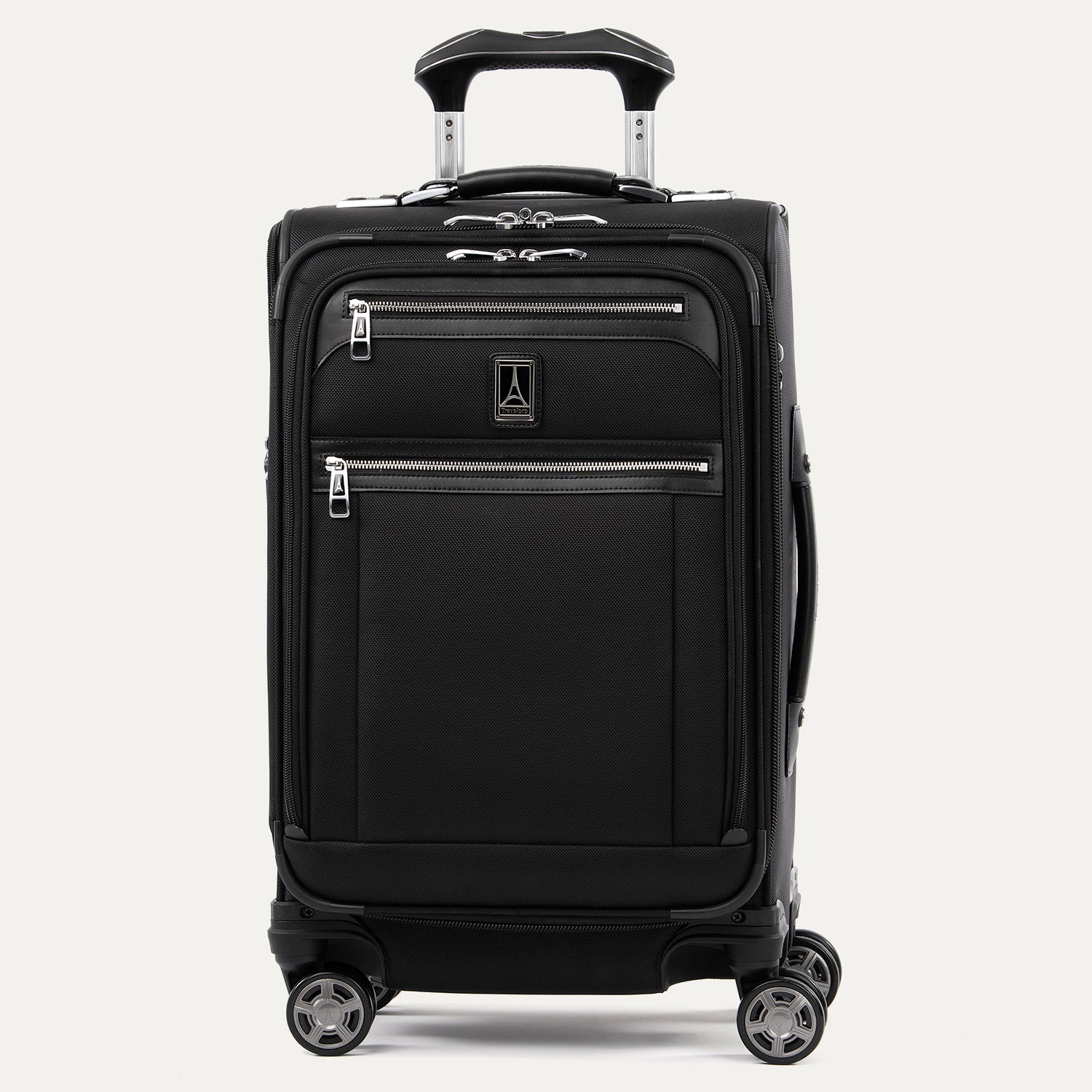Front view of Travelpro Platinum Elite Carry-On Spinner in Shadow Black, with dual front zippered pockets, textured fabric, spinner wheels, and telescoping handle.
