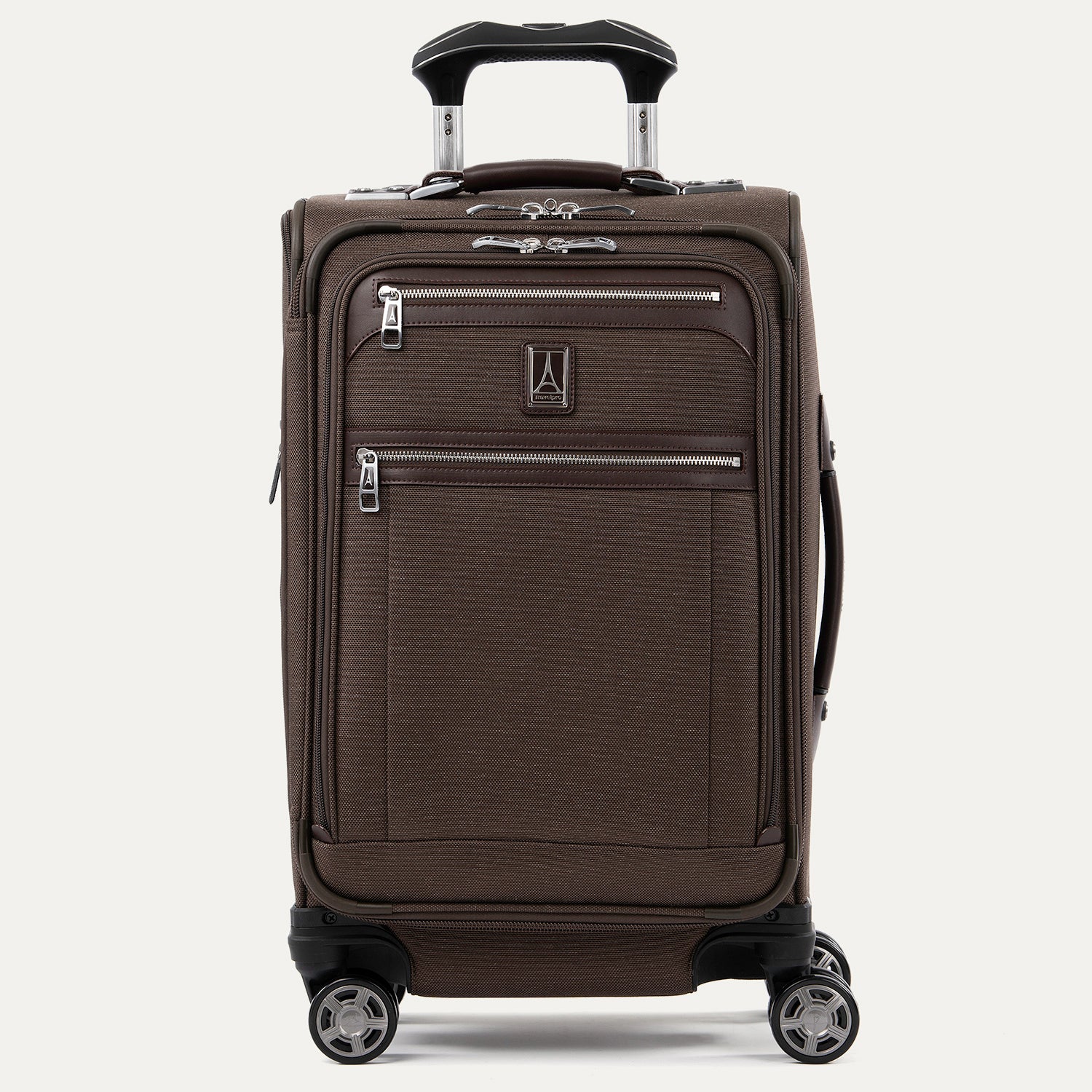 Front view of Travelpro Platinum Elite Carry-On Spinner in Rich Espresso, with dual front zippered pockets, spinner wheels, and telescoping handle.
