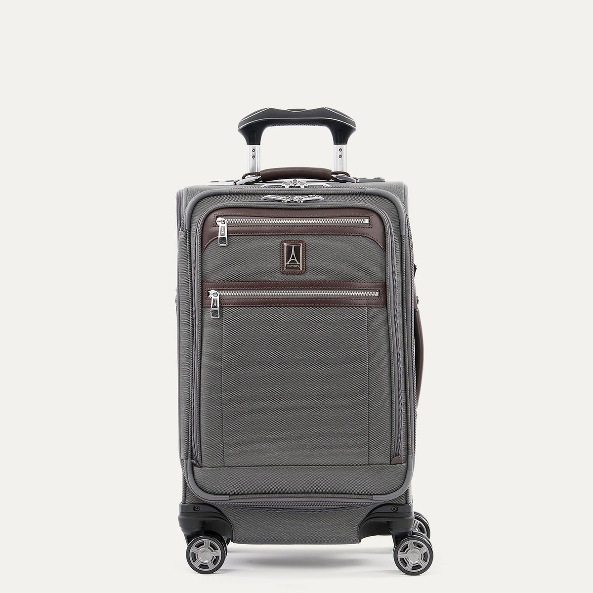 Front view of Travelpro Platinum Elite Carry-On Spinner in Vintage Gray, with contrast trim, dual zippered pockets, spinner wheels, and telescoping handle.