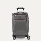 Front view of Travelpro Platinum Elite Carry-On Spinner in Vintage Gray, with contrast trim, dual zippered pockets, spinner wheels, and telescoping handle.