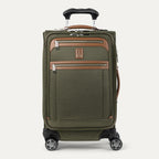Front view of Travelpro Platinum Elite Carry-On Spinner in Olive Green, with dual front zippered pockets, contrast trim, spinner wheels, and telescoping handle.
