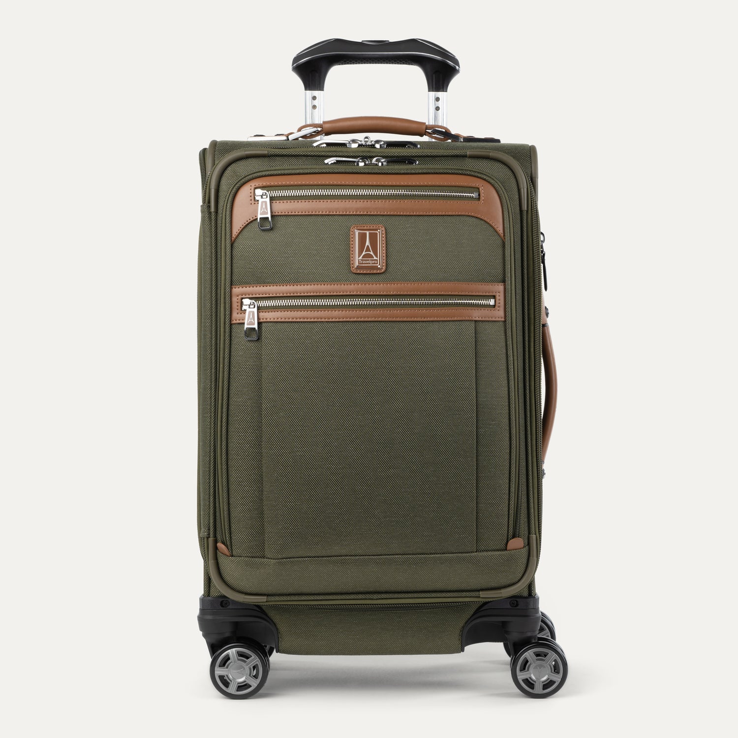 Front view of Travelpro Platinum Elite Carry-On Spinner in Olive Green, with dual front zippered pockets, contrast trim, spinner wheels, and telescoping handle.
