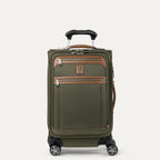 Front view of Travelpro Platinum Elite Carry-On Spinner in Olive Green with contrast trim, dual zippered pockets, spinner wheels, and telescoping handle.