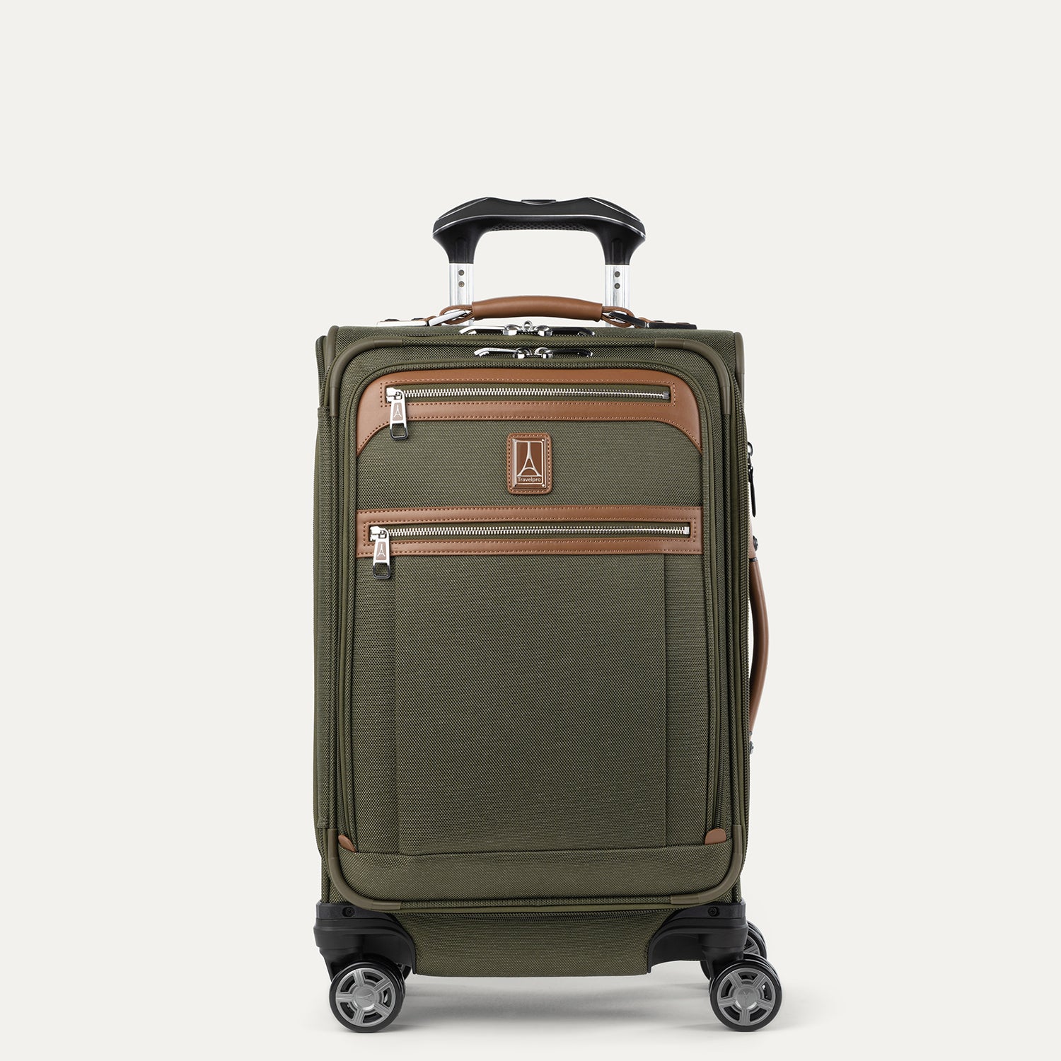 Front view of Travelpro Platinum Elite Carry-On Spinner in Olive Green with contrast trim, dual zippered pockets, spinner wheels, and telescoping handle.