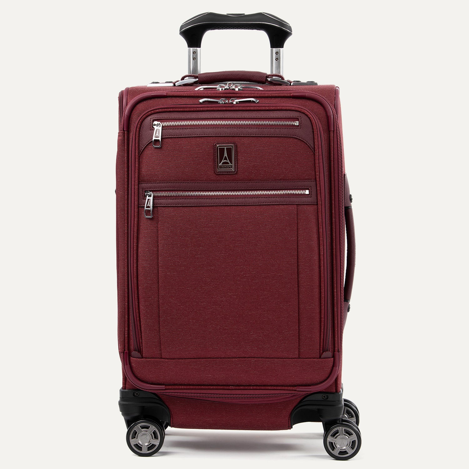 Front view of Travelpro Platinum Elite Carry-On Spinner in Bordeaux, with dual exterior zippered pockets and PowerScope Extension Handle.
