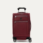 Front view of Travelpro Platinum Elite Carry-On Spinner in Bordeaux, with dual exterior zippered pockets and PowerScope Extension Handle.
