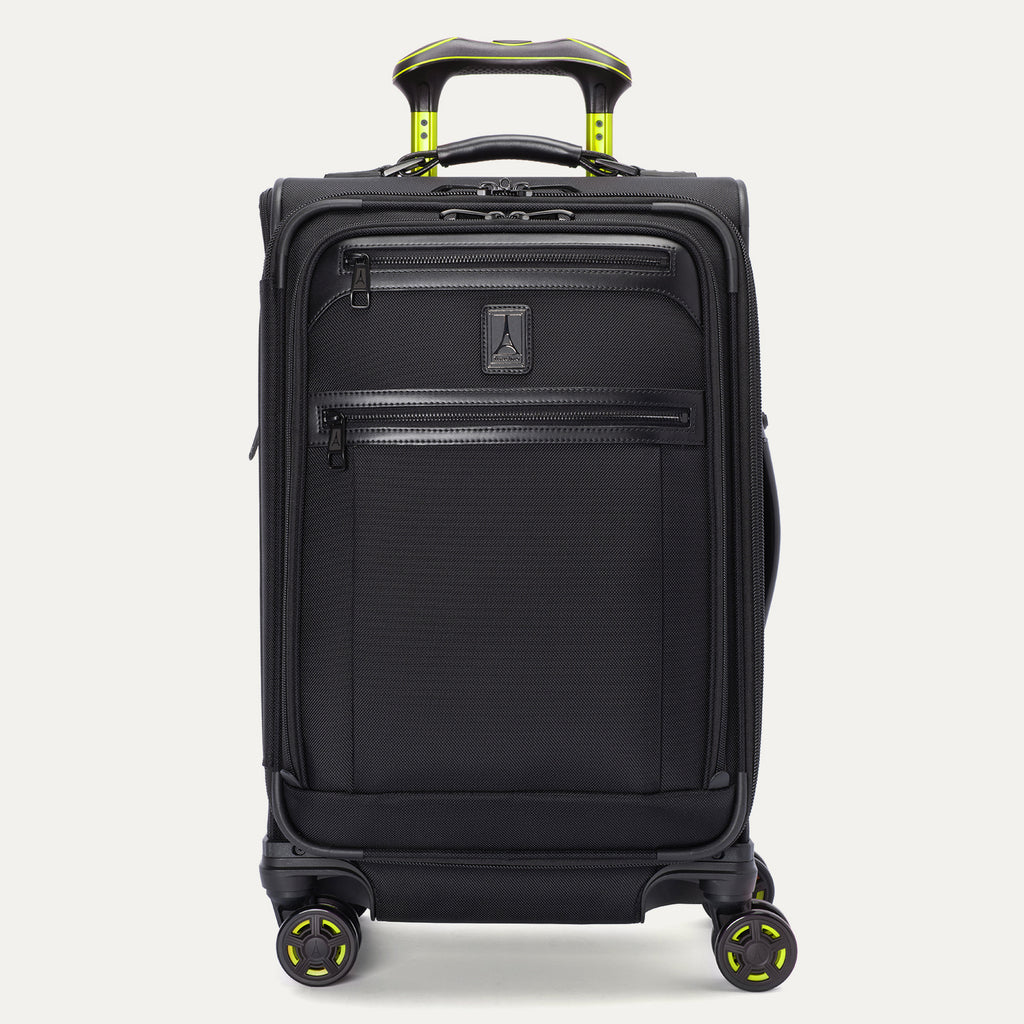 Studio shot of the Platinum Elite Neon Shadow Carry-On in black, featuring distinctive neon green handle accents and a front-facing view of the structured, high-quality design.