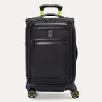 Studio shot of the Platinum Elite Neon Shadow Carry-On in black, featuring distinctive neon green handle accents and a front-facing view of the structured, high-quality design.