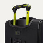 Detailed close-up of the extended trolley handle on the Platinum Elite Neon Shadow Carry-On in black, highlighting the sturdy, ergonomic handle design with signature neon green accenting.