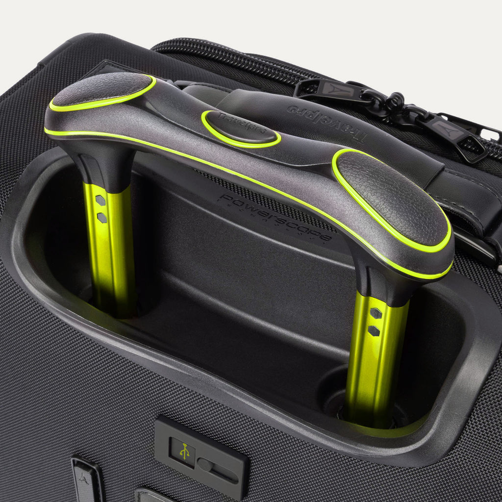 Detailed close-up of the extended trolley handle on the Platinum Elite Neon Shadow Carry-On in black, highlighting the sturdy, ergonomic handle design with signature neon green accenting.