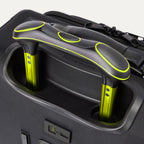 Detailed close-up of the extended trolley handle on the Platinum Elite Neon Shadow Carry-On in black, highlighting the sturdy, ergonomic handle design with signature neon green accenting.