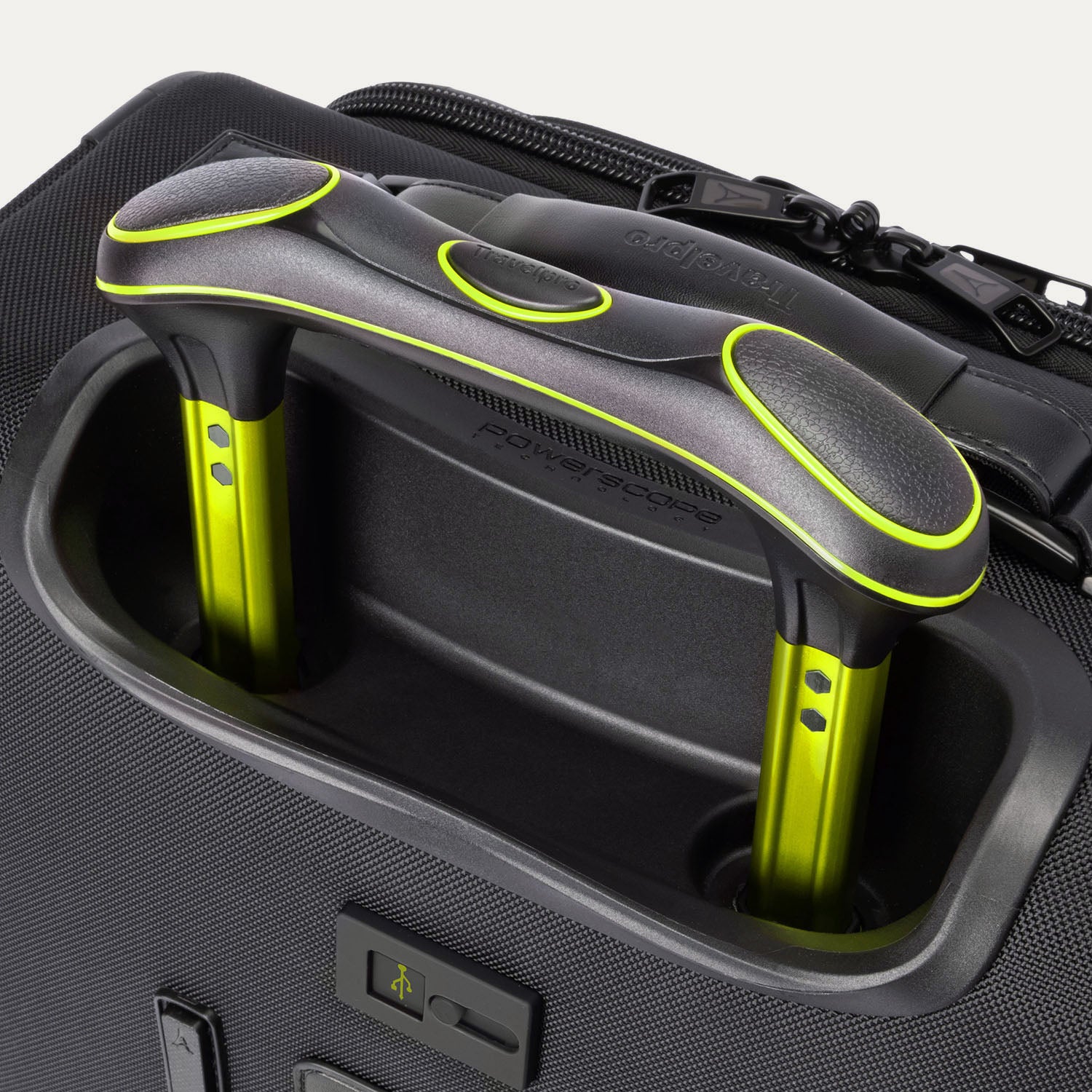 Detailed close-up of the extended trolley handle on the Platinum Elite Neon Shadow Carry-On in black, highlighting the sturdy, ergonomic handle design with signature neon green accenting.