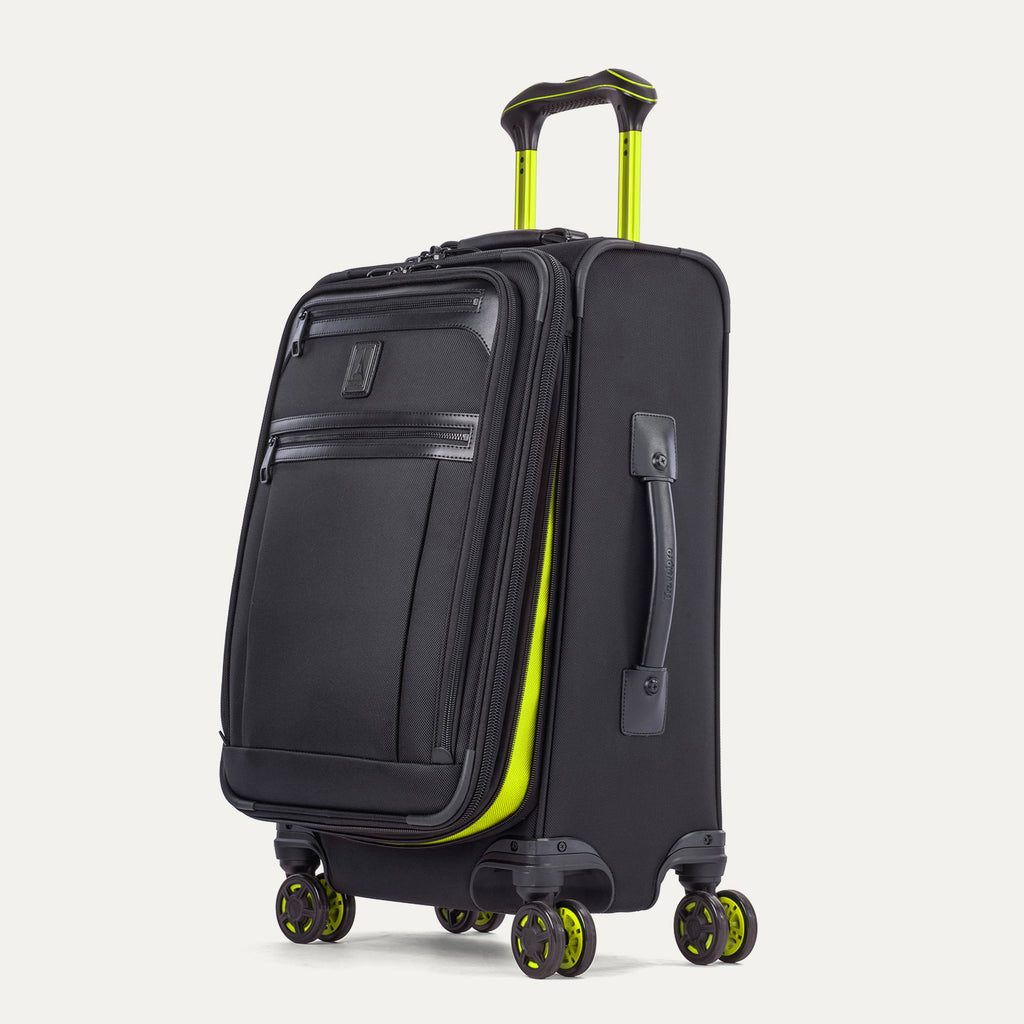 Angled side view of the Platinum Elite Neon Shadow Carry-On in black, showcasing the sleek profile, durable construction, and the signature neon green accents on the zippers and handle.