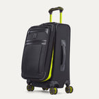 Angled side view of the Platinum Elite Neon Shadow Carry-On in black, showcasing the sleek profile, durable construction, and the signature neon green accents on the zippers and handle.